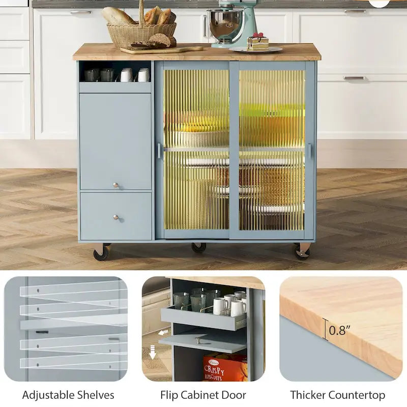Îlot de cuisine roulant avec lumière LED, portes en verre cannelé et abattant