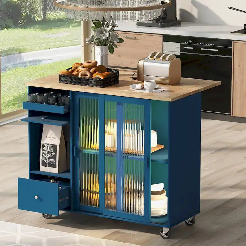 Îlot de cuisine roulant avec lumière LED, portes en verre cannelé et abattant