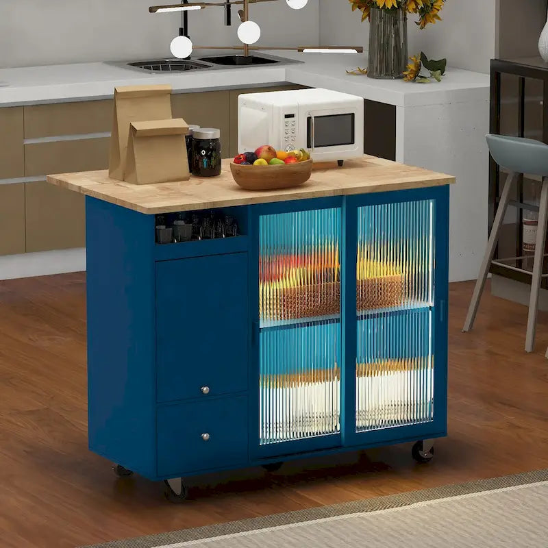 Îlot de cuisine roulant avec lumière LED, portes en verre cannelé et abattant