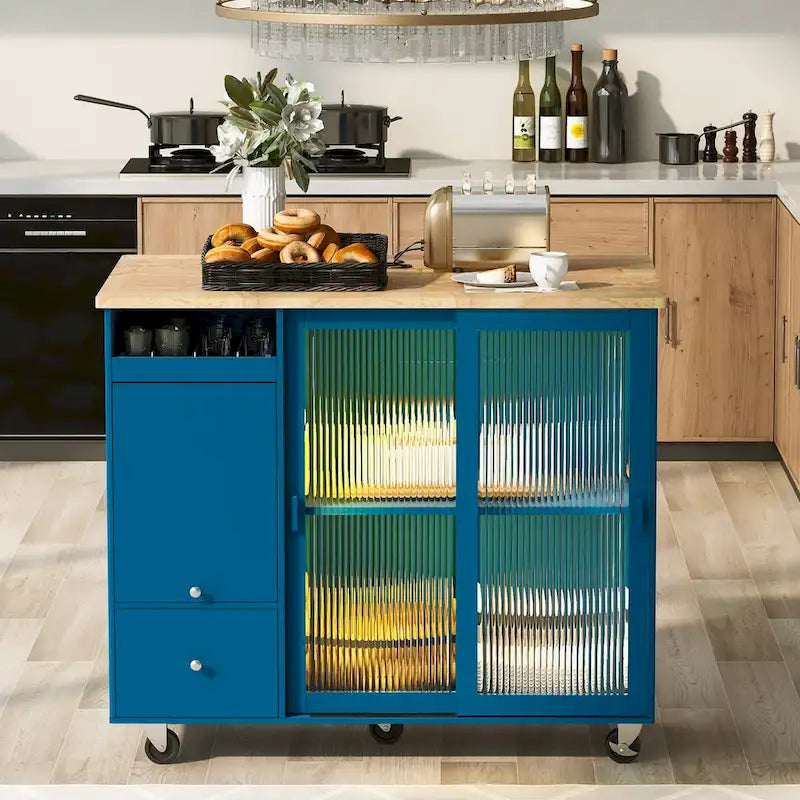 Îlot de cuisine roulant avec lumière LED, portes en verre cannelé et abattant