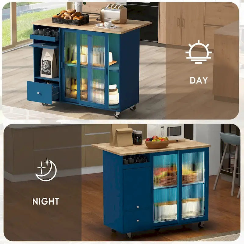 Îlot de cuisine roulant avec lumière LED, portes en verre cannelé et abattant