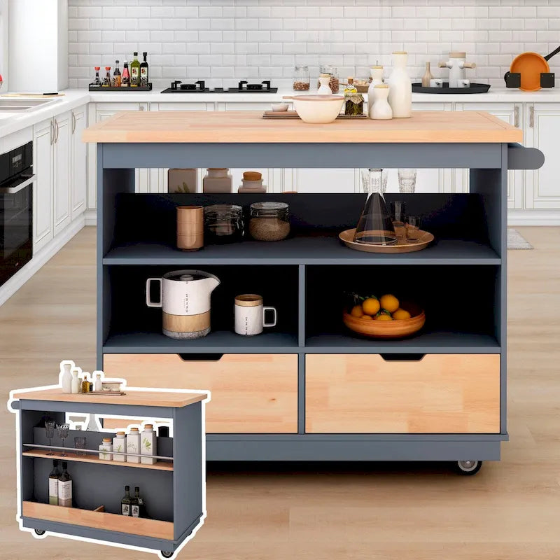 Îlot de cuisine roulant avec plateau en bois d'hévéa, 2 tiroirs et rangement ouvert