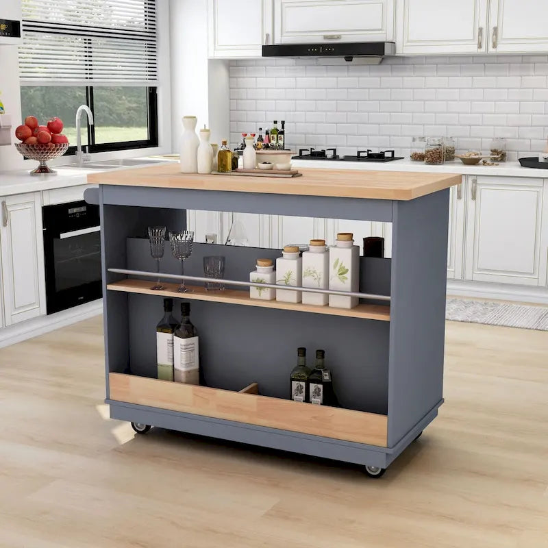 Îlot de cuisine roulant avec plateau en bois d'hévéa, 2 tiroirs et rangement ouvert