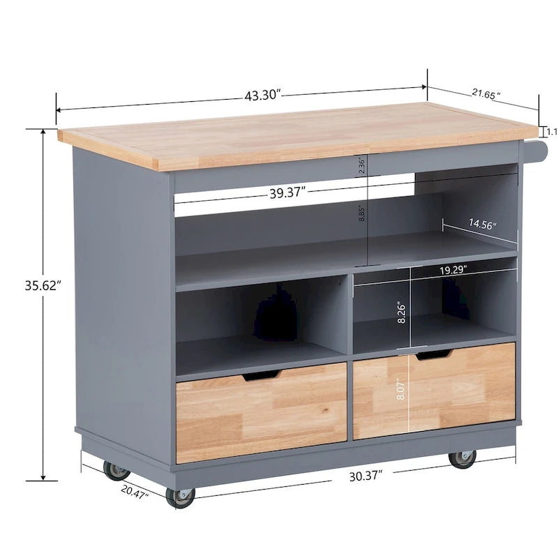 Îlot de cuisine roulant avec plateau en bois d'hévéa, 2 tiroirs et rangement ouvert