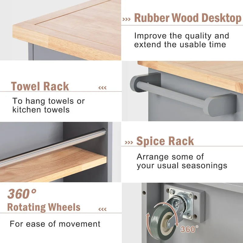 Îlot de cuisine roulant avec plateau en bois d'hévéa, 2 tiroirs et rangement ouvert