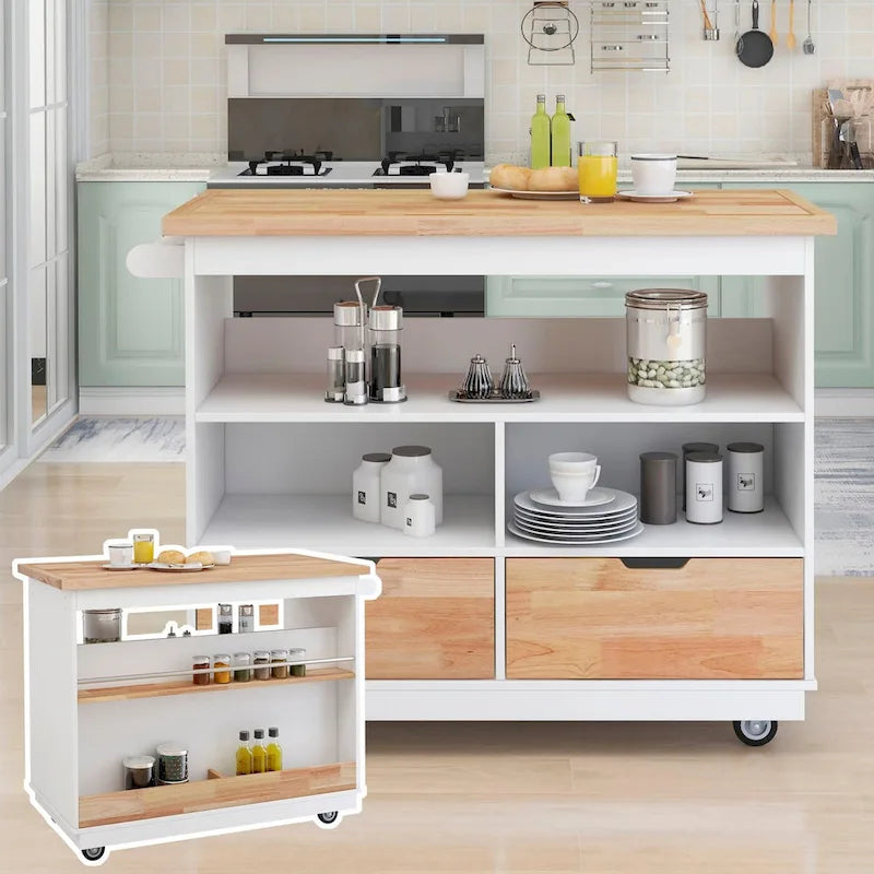 Îlot de cuisine roulant avec plateau en bois d'hévéa, 2 tiroirs et rangement ouvert