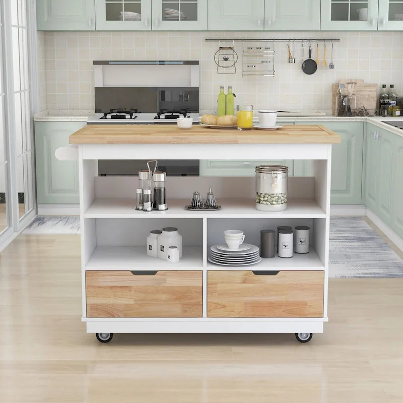 Îlot de cuisine roulant avec plateau en bois d'hévéa, 2 tiroirs et rangement ouvert
