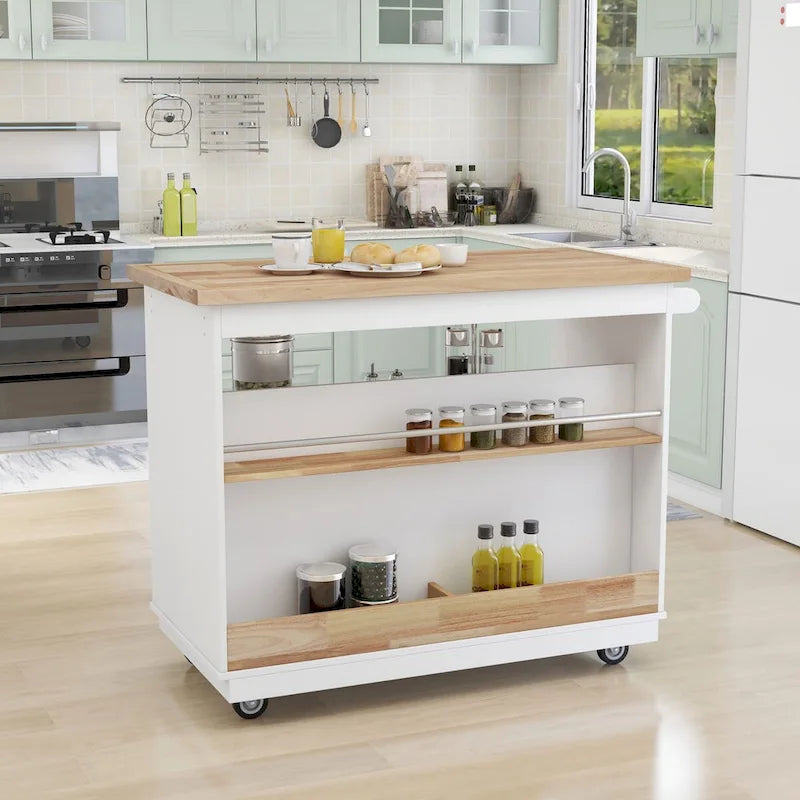 Îlot de cuisine roulant avec plateau en bois d'hévéa, 2 tiroirs et rangement ouvert