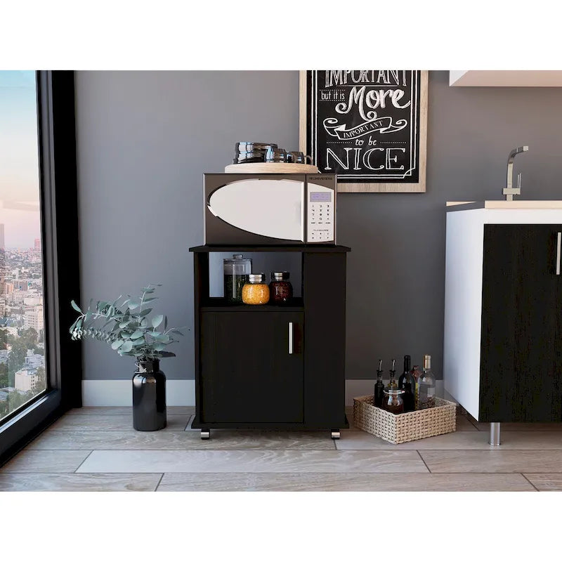 Meuble micro-ondes noir avec porte simple et étagères latérales