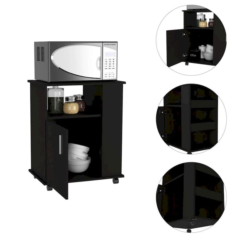 Meuble micro-ondes noir avec porte simple et étagères latérales