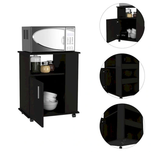 Meuble micro-ondes noir avec porte simple et étagères latérales
