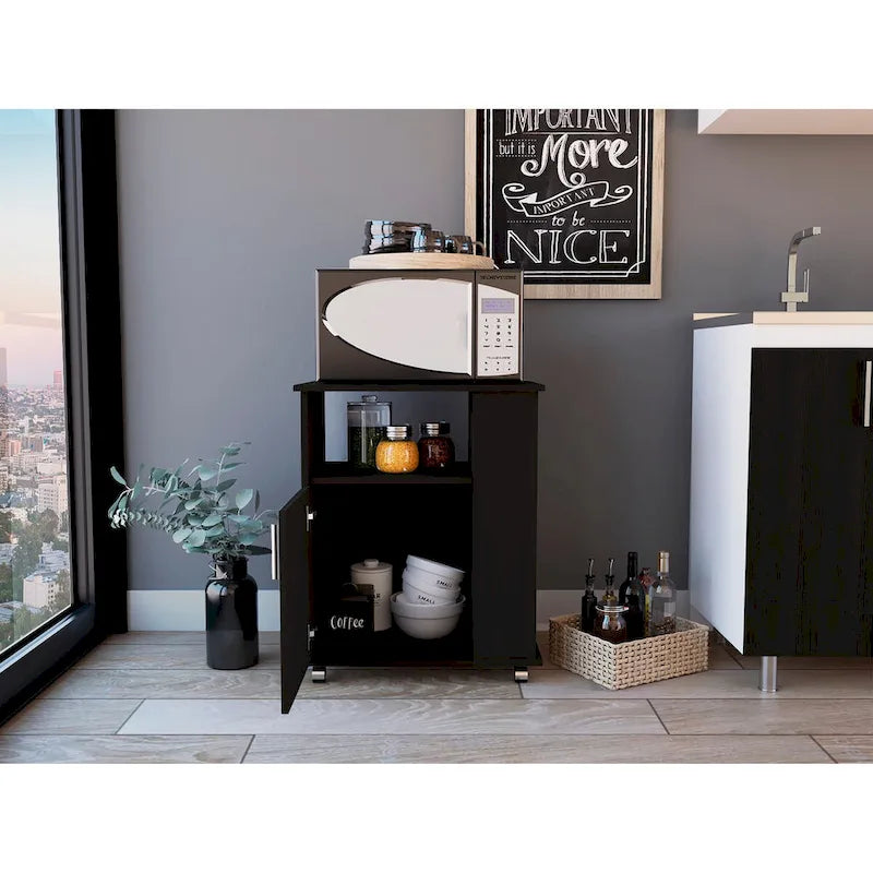 Meuble micro-ondes noir avec porte simple et étagères latérales