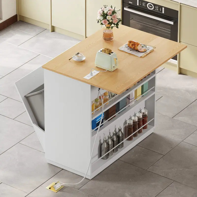 Îlot de cuisine escamotable avec meuble poubelle double basculant et prise de courant