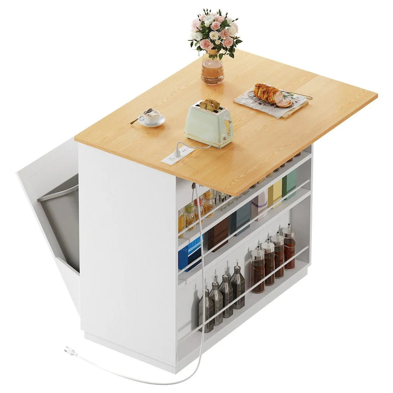 Îlot de cuisine escamotable avec meuble poubelle double basculant et prise de courant