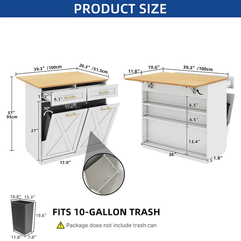 Îlot de cuisine escamotable avec meuble poubelle double basculant et prise de courant