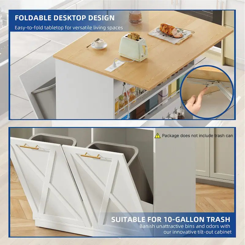 Îlot de cuisine escamotable avec meuble poubelle double basculant et prise de courant