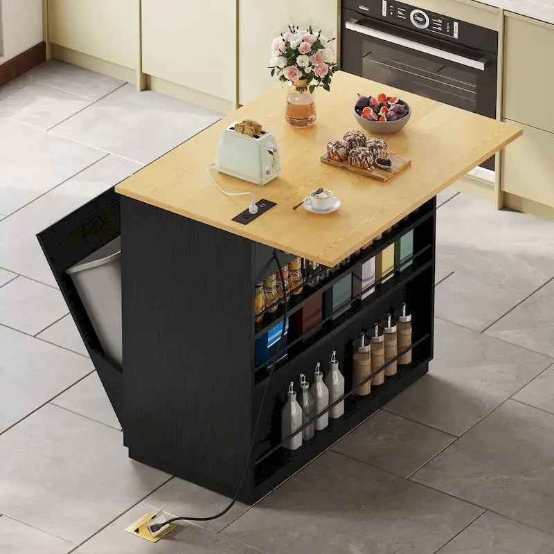 Îlot de cuisine escamotable avec meuble poubelle double basculant et prise de courant