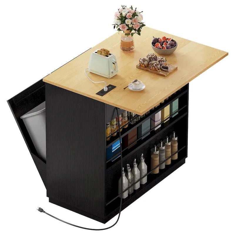 Îlot de cuisine escamotable avec meuble poubelle double basculant et prise de courant