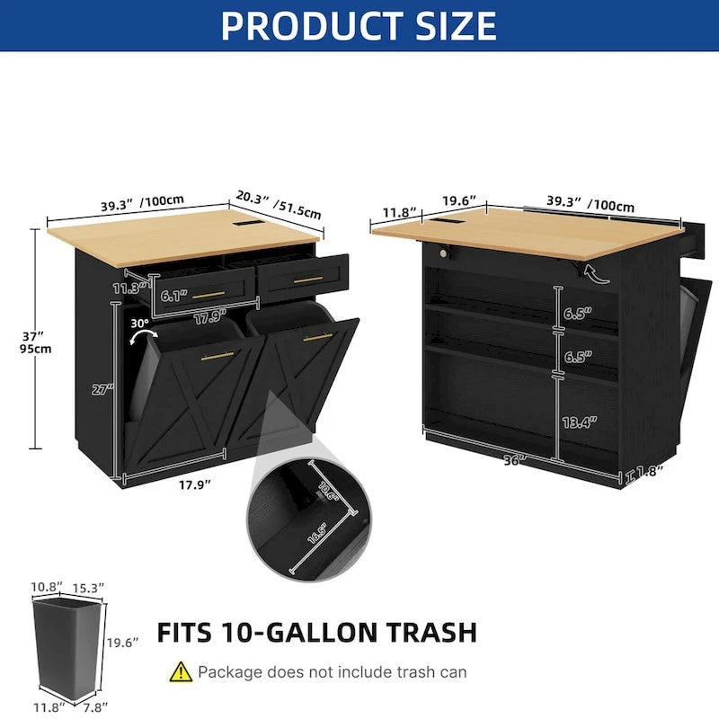 Îlot de cuisine escamotable avec meuble poubelle double basculant et prise de courant