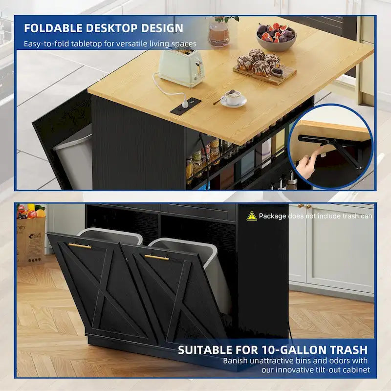 Îlot de cuisine escamotable avec meuble poubelle double basculant et prise de courant