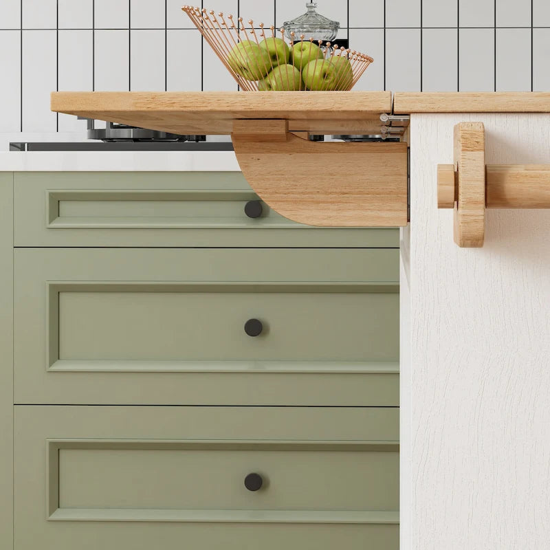 Îlot de cuisine sur roulettes avec plateau en bois massif, casier à vin et tiroir — Blanc