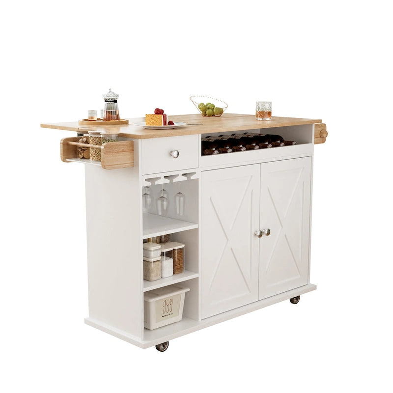 Îlot de cuisine sur roulettes avec plateau en bois massif, casier à vin et tiroir — Blanc
