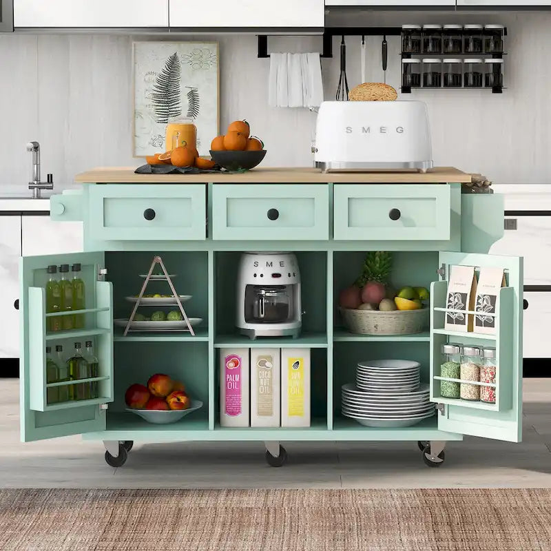 Dessertes de cuisine roulantes avec plateau rabattable en bois d'hévéa, 3 tiroirs et étagères intérieures — Vert menthe