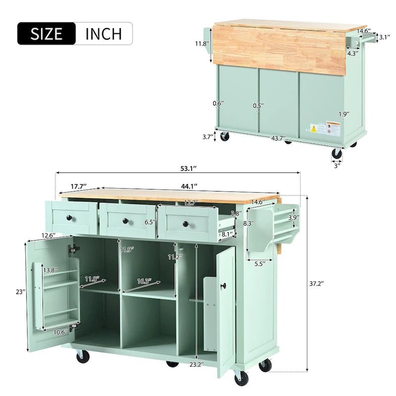 Dessertes de cuisine roulantes avec plateau rabattable en bois d'hévéa, 3 tiroirs et étagères intérieures — Vert menthe